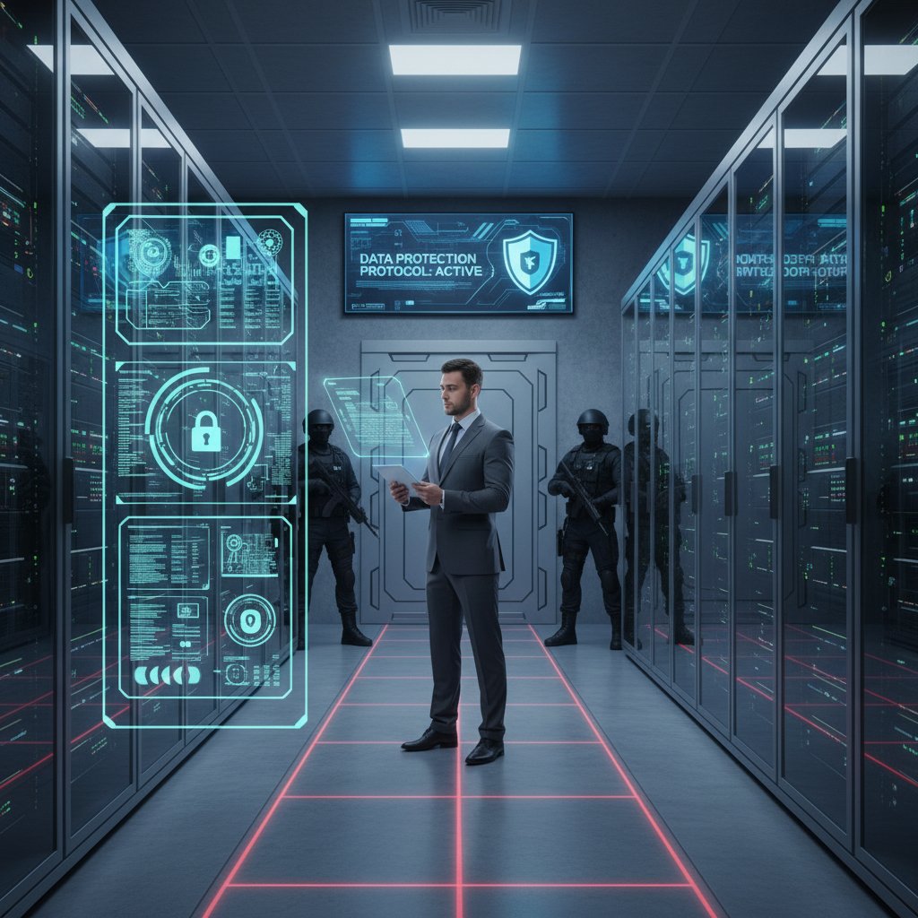 Zamknięta serwerownia, monitoring, osoba sprawdzająca zabezpieczenia – kontekst bezpieczeństwa danych i AI