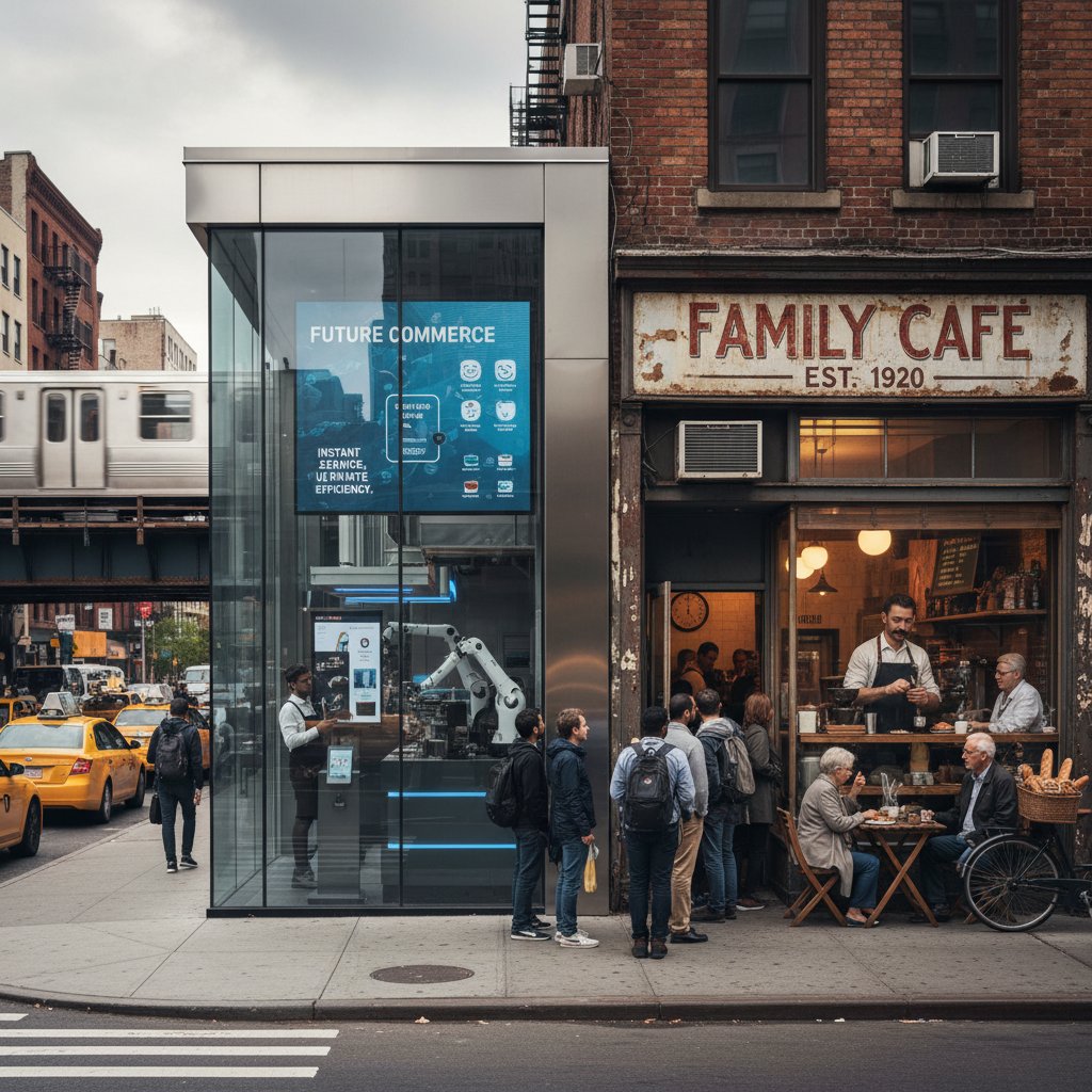 Konkurencyjne firmy usługowe rywalizujące w nowoczesnym i tradycyjnym otoczeniu, symboliczna walka o przewagę