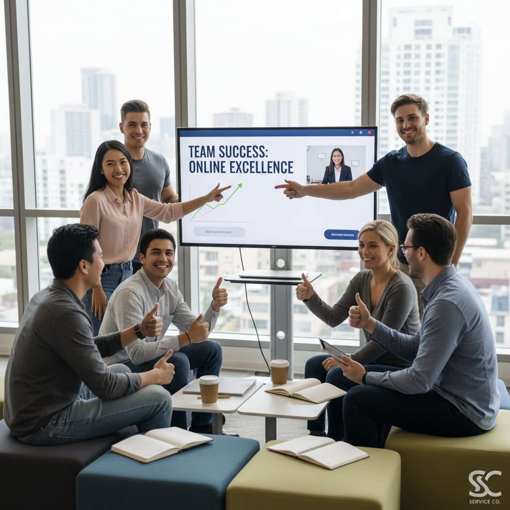 Zespół firmy usługowej podczas interaktywnego szkolenia online, wspólna praca nad projektem, sukces wdrożenia szkoleń