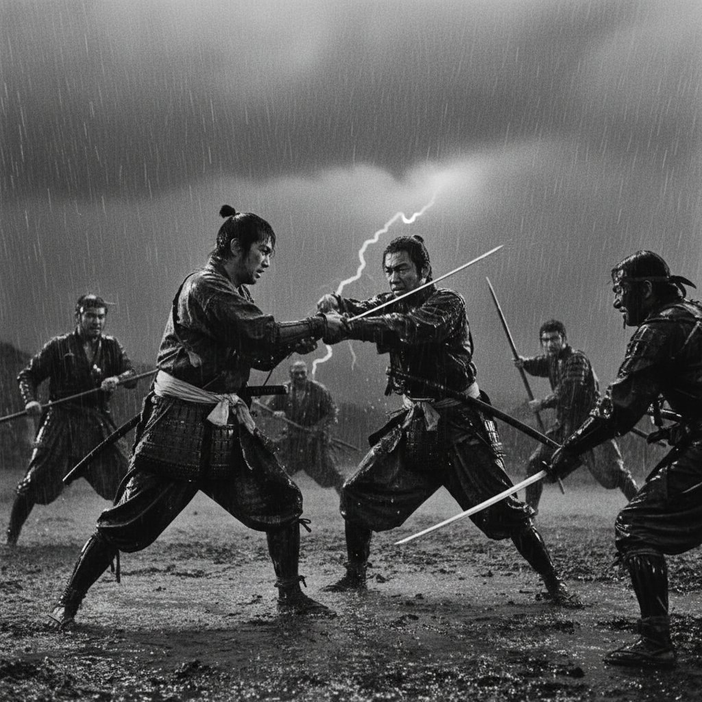 Iconic duel scene from Seven Samurai with rain and dramatic lighting, representing Kurosawa's innovation in samurai movies