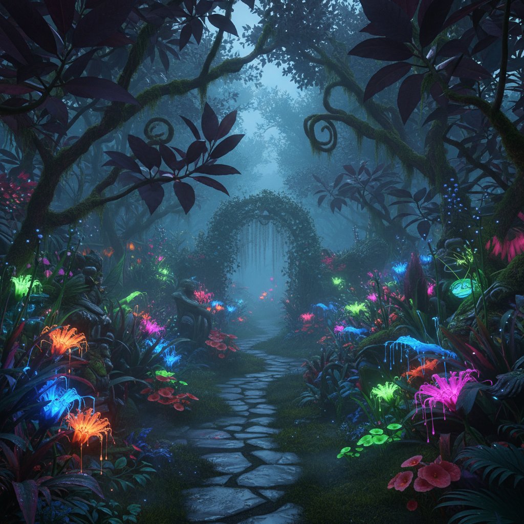 Ogród w cieniu pełen kolorowych roślin i tajemniczego nastroju