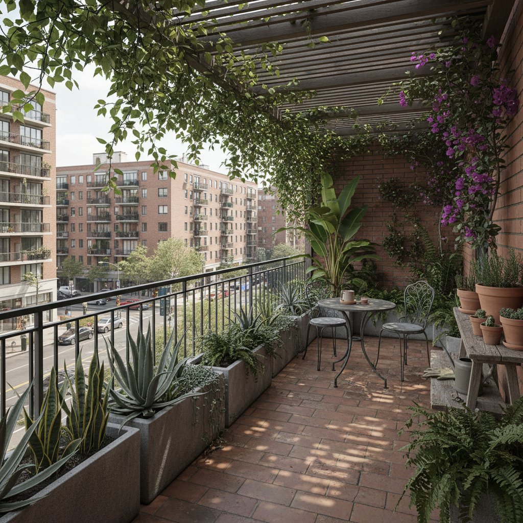 Balkon w cieniu, z różnorodnymi roślinami odpornymi na małą ilość światła