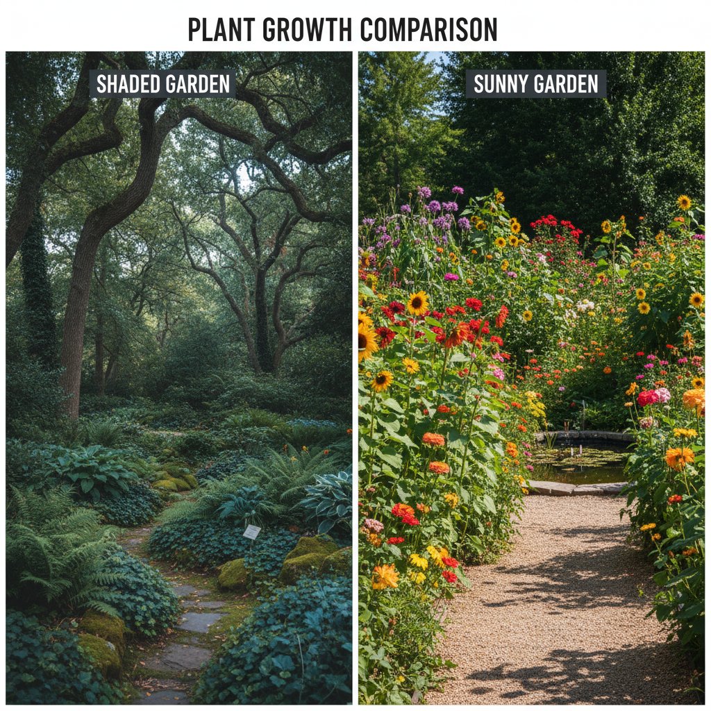 Porównanie dwóch fragmentów ogrodu: jeden w cieniu, drugi w pełnym słońcu, z różnym wzrostem roślin