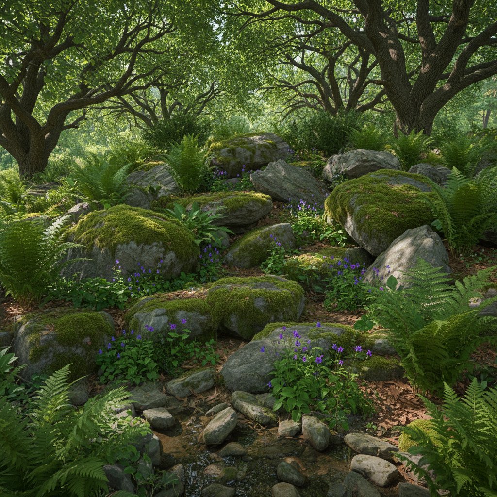 Skalniak w cieniu z paprociami, dzwonkami i mchami