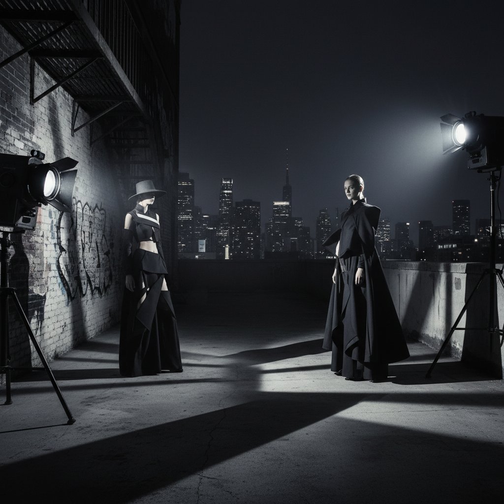 Fashion shoot inspired by shadow cast movie lighting, high-fashion editorial, dramatic shadow play, urban setting, edgy, movie shadow cast movies keywords