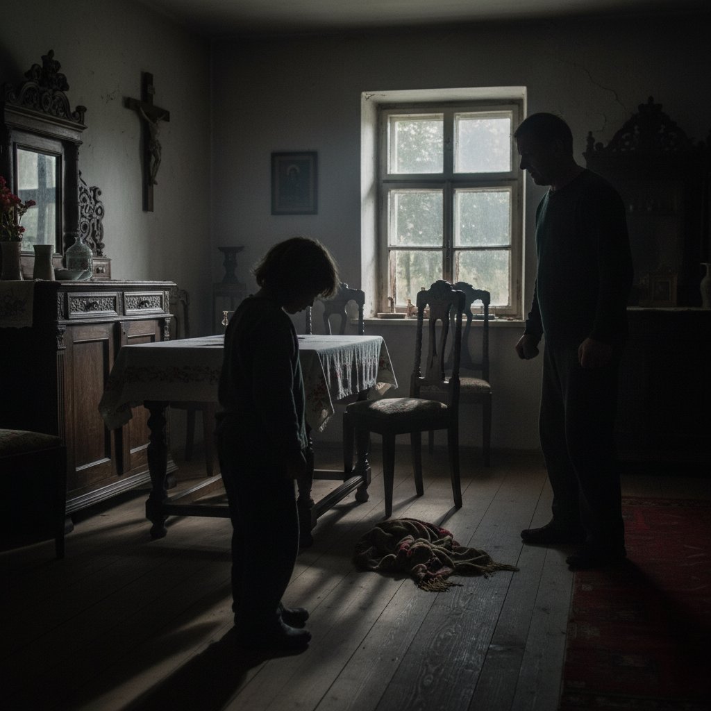 Dziecko i dorosły w polskim domu, z wyczuwalnym napięciem i poczuciem tabu