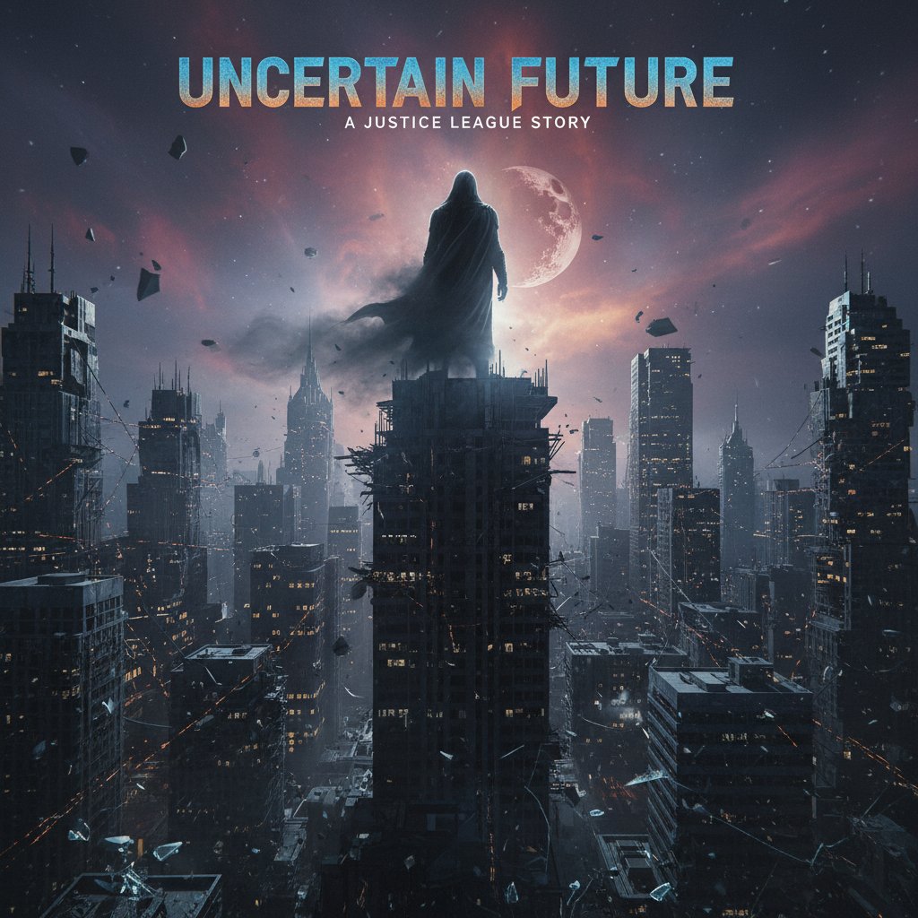 Shadowy figure overlooking cityscape, justice league movies uncertain future, cinematic mood