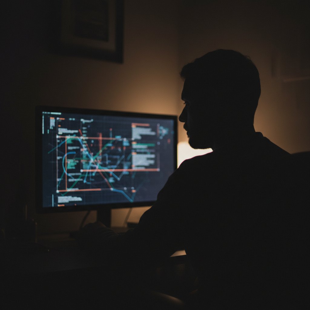 Ciemna sylwetka przy komputerze, zamazana twarz, atmosfera ostrzegawcza, temat: scam w korepetycjach online