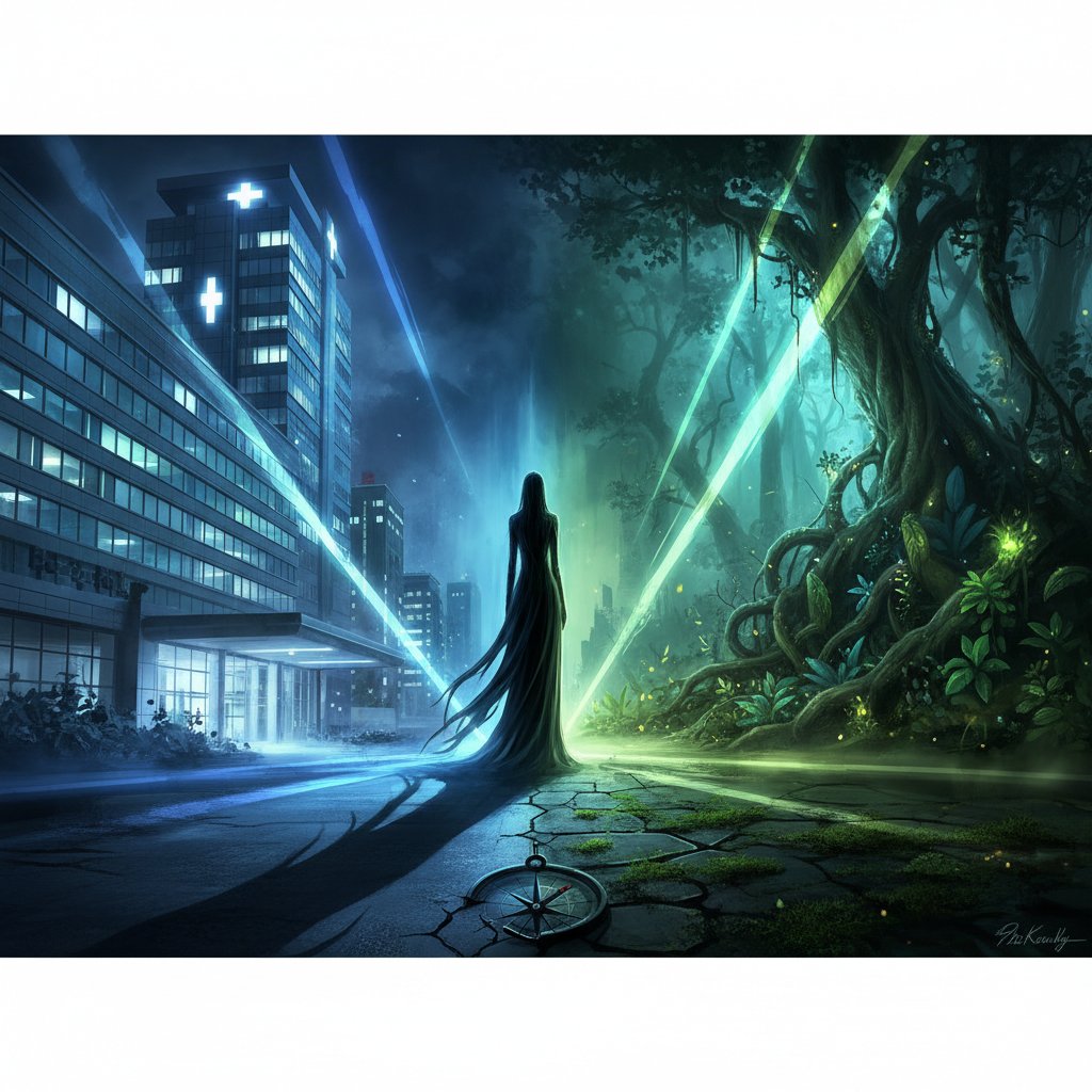 Człowiek stojący na rozdrożu między nowoczesnym szpitalem a dzikim, ziołowym lasem – symbol wyboru między medycyną konwencjonalną i alternatywną