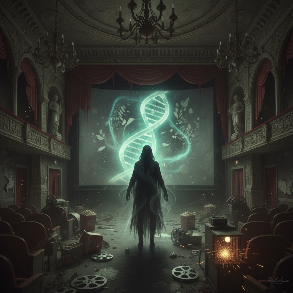 Anonymous figure with DNA strand in movie theater, hinting at privacy issues.