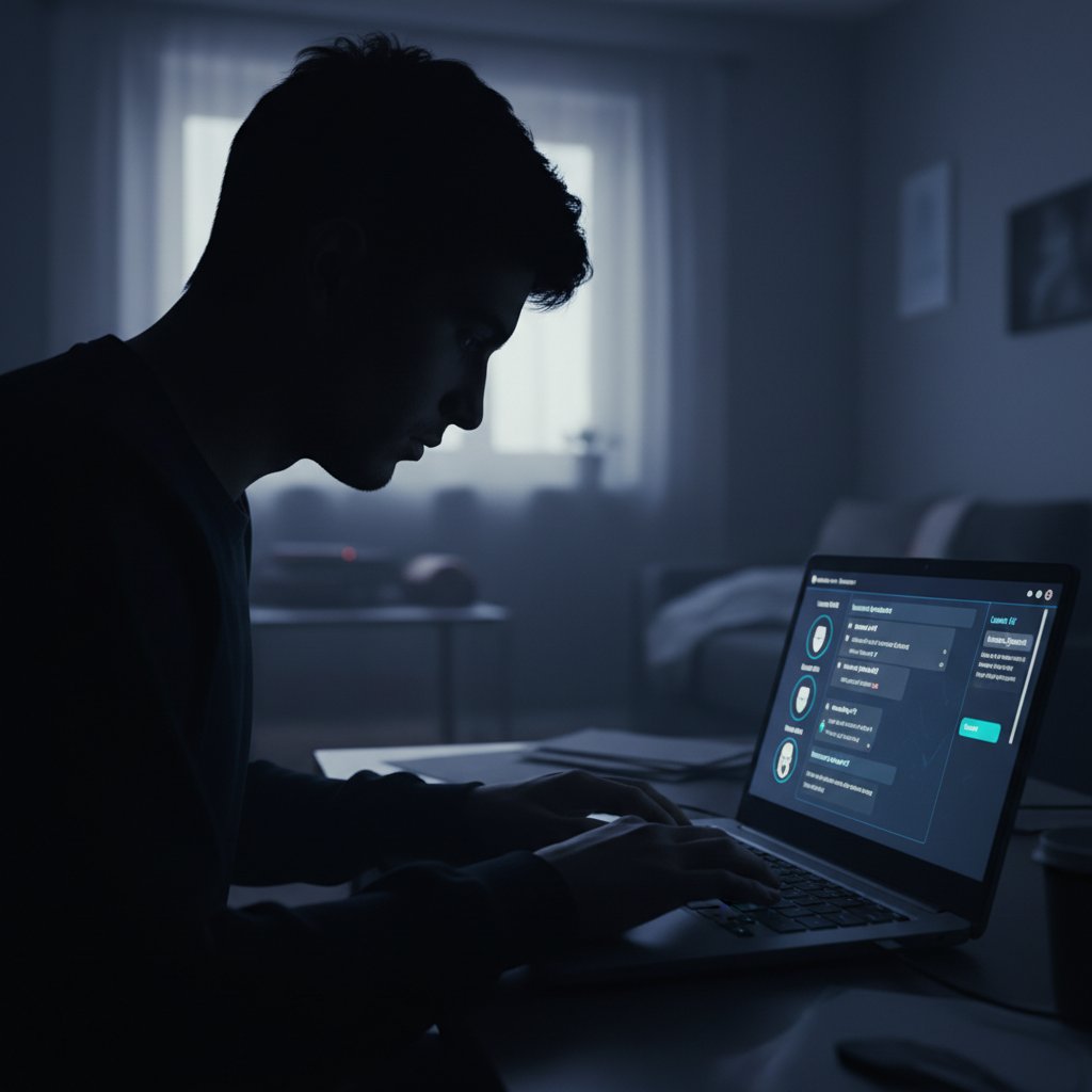 Zdjęcie postaci w cieniu przy laptopie, z zamazanymi rysami twarzy – wizualizacja niepewności tożsamości rozmówcy