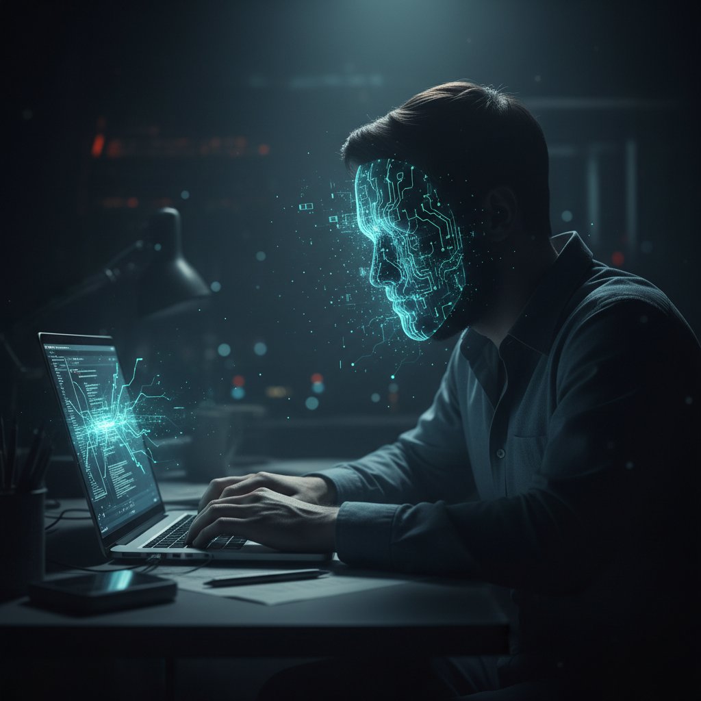 Ryzyko oszustw i catfishingu podczas flirtu online – sylwetka w cieniu, laptop, maska cyfrowa