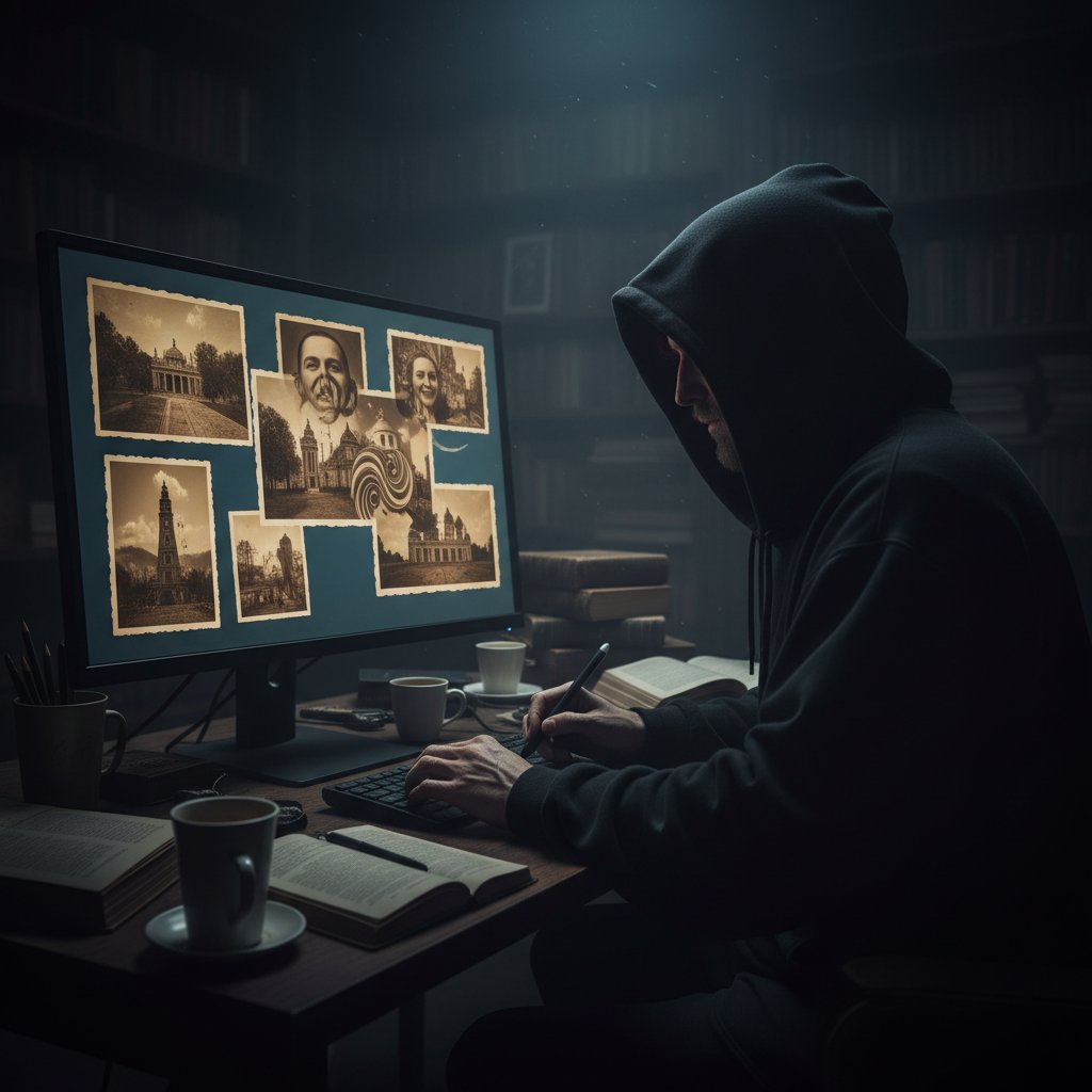 Ciemna postać manipulująca starymi zdjęciami historycznymi na ekranie komputera – atmosfera niepokoju