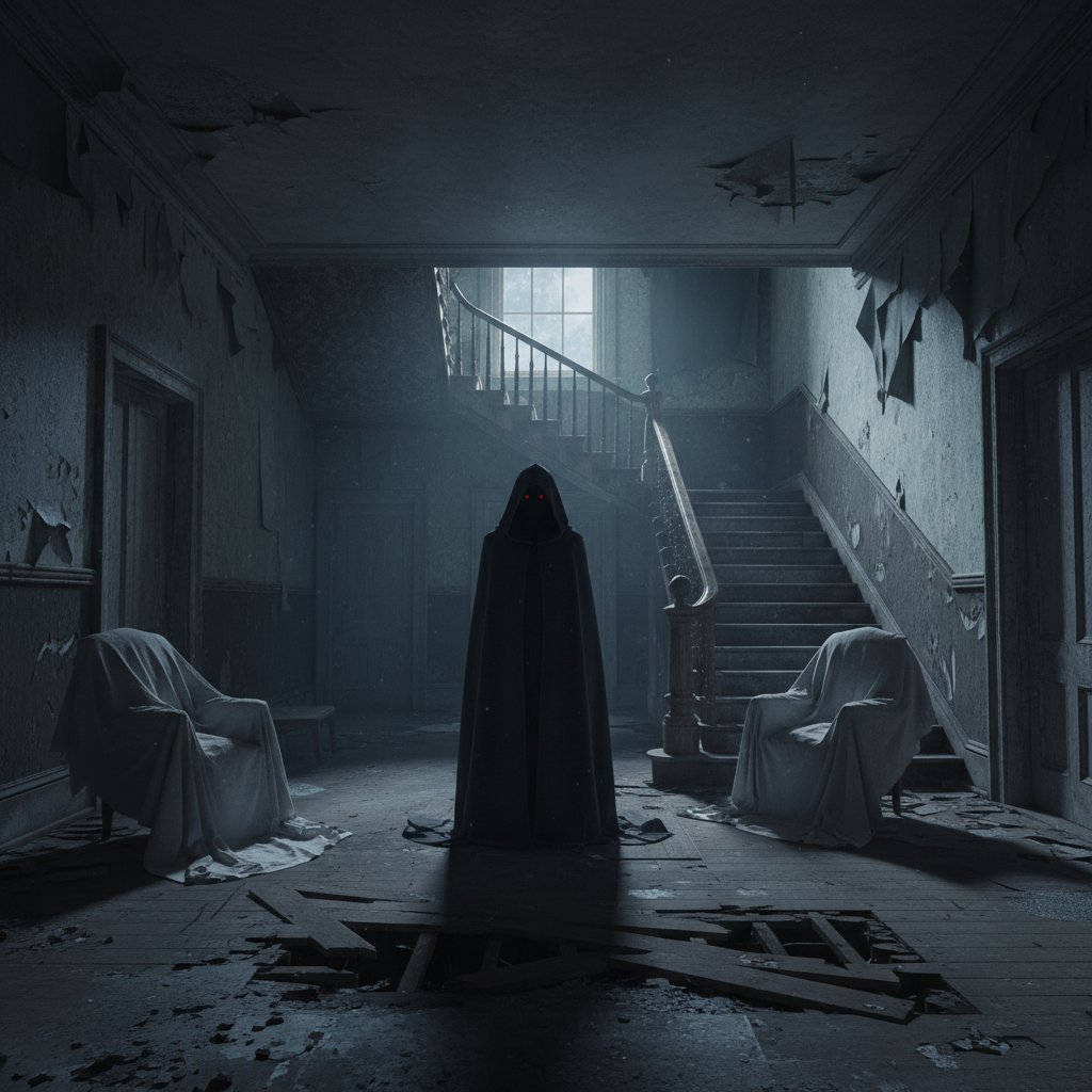 Shadowy figure lurking behind horror film protagonist in abandoned house, evoking tense twist ending