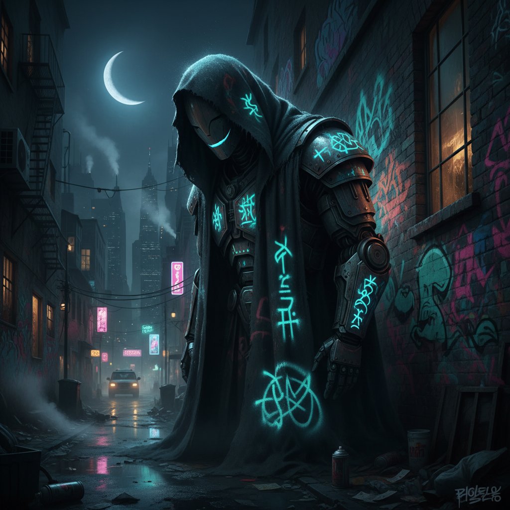 Cień robota na tle miasta, niepokojący uśmiech, nocny klimat