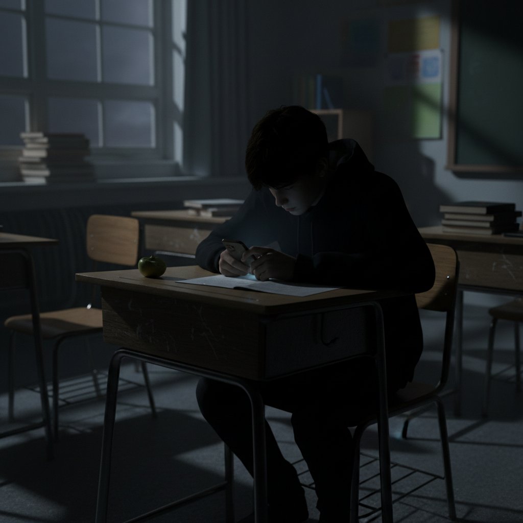 Uczeń próbujący oszukiwać podczas matury online, dramatyczne światło, polski matura online