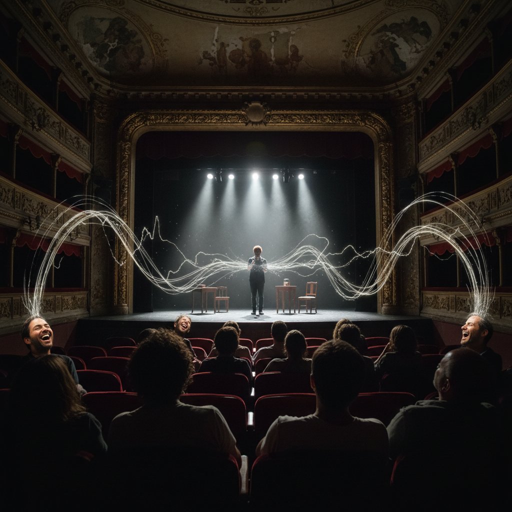 Audience reacting to a controversial comedy scene, divided between laughter and disapproval in a shadowy theater