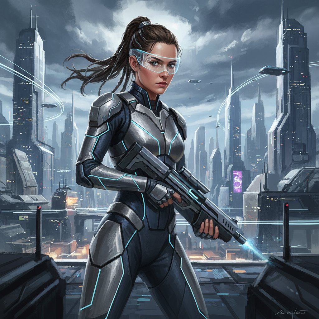 Shailene Woodley in a futuristic role concept, stylized and cinematic portrait