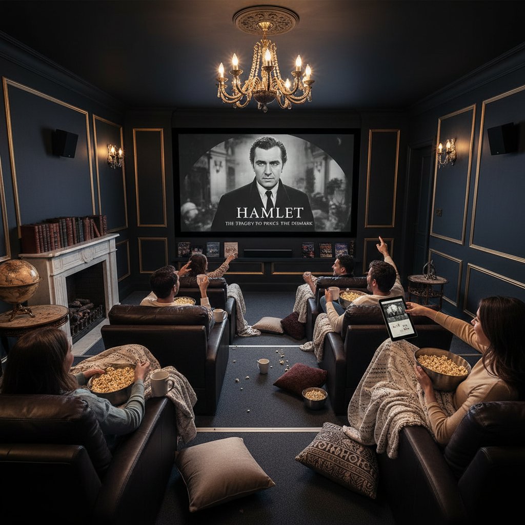 Friends gathering for a Shakespeare-themed movie night at home