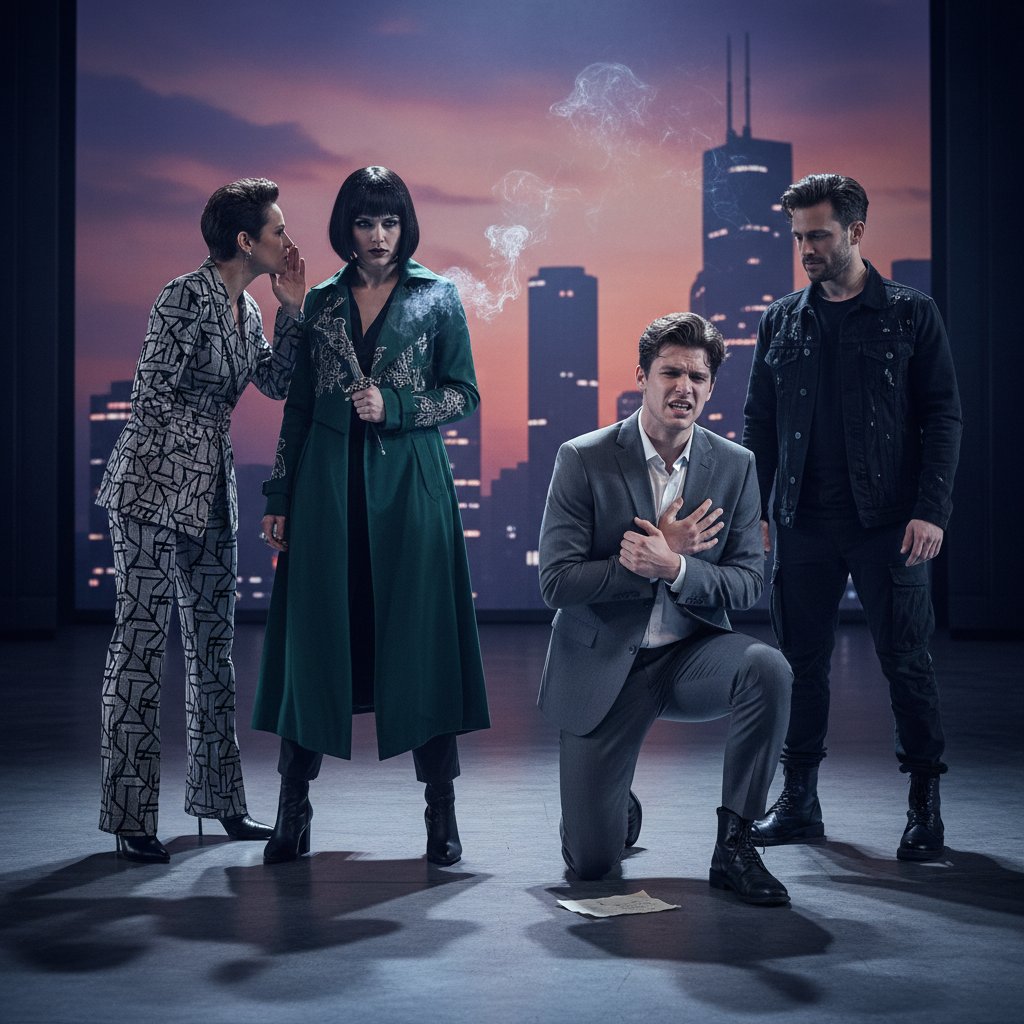 Diverse cast reenacting Shakespearean betrayal in contemporary fashion