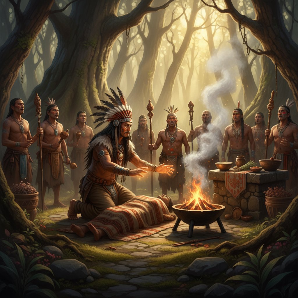 Szaman podczas rytuału leczniczego, odzwierciedlenie początków efektu placebo w tradycjach ludowych