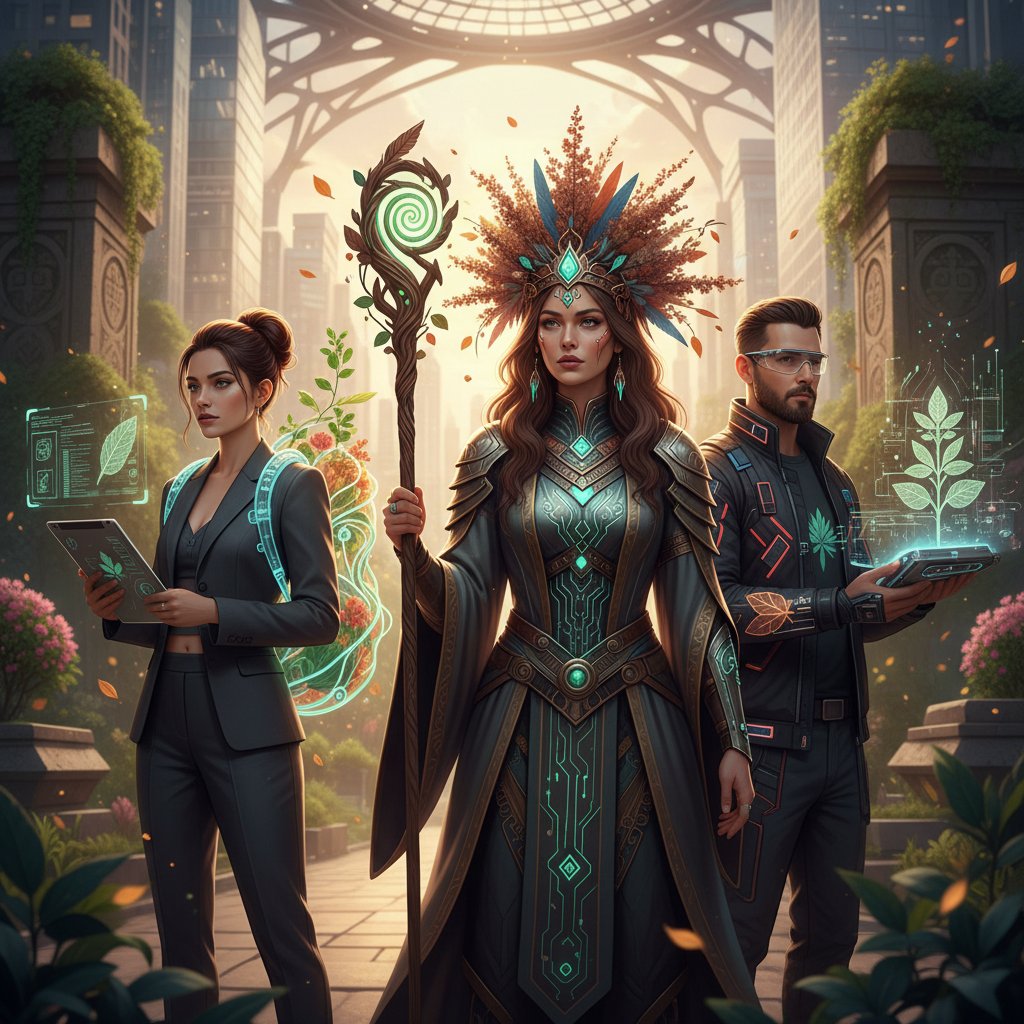 Trzy osoby: szaman, miejska kobieta i technologiczny mężczyzna, połączeni motywem damiany