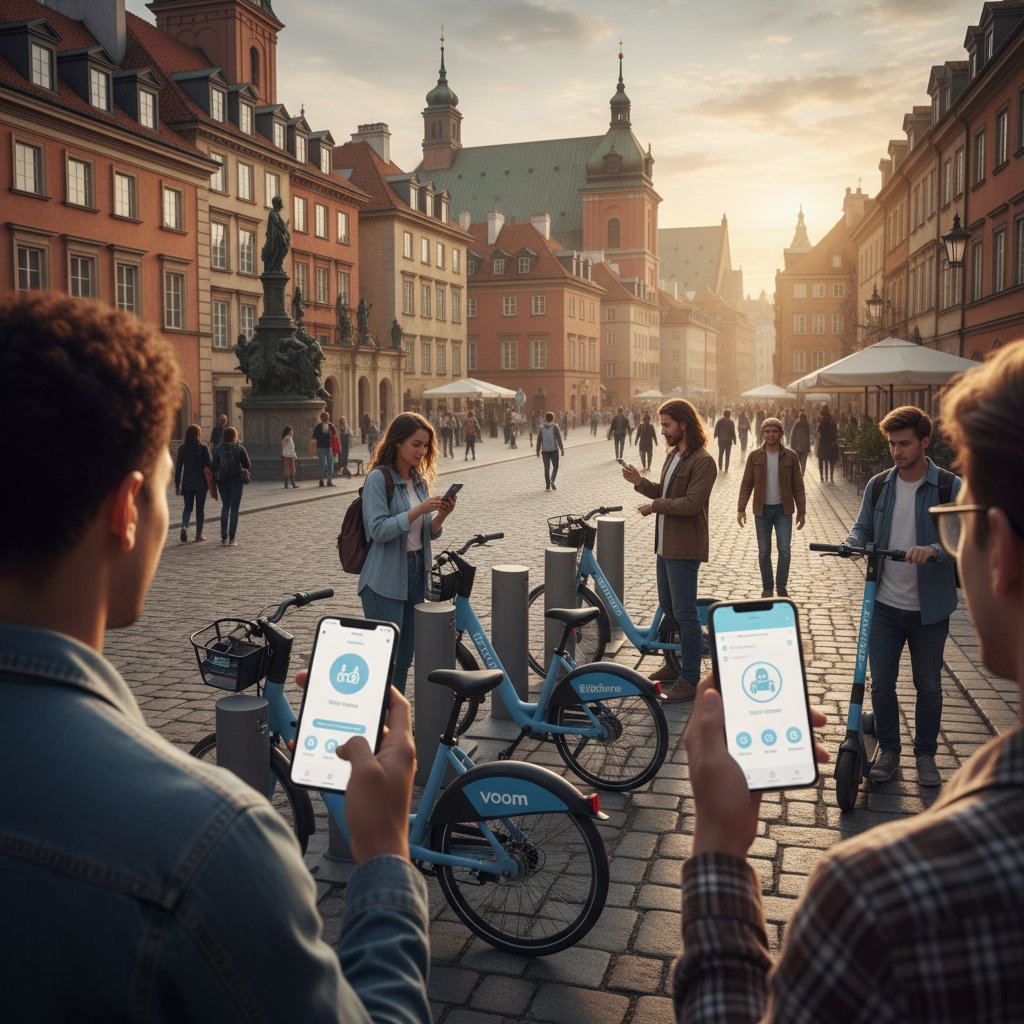 Współdzielone hulajnogi i rowery na tle warszawskiej Starówki, użytkownicy korzystający z aplikacji