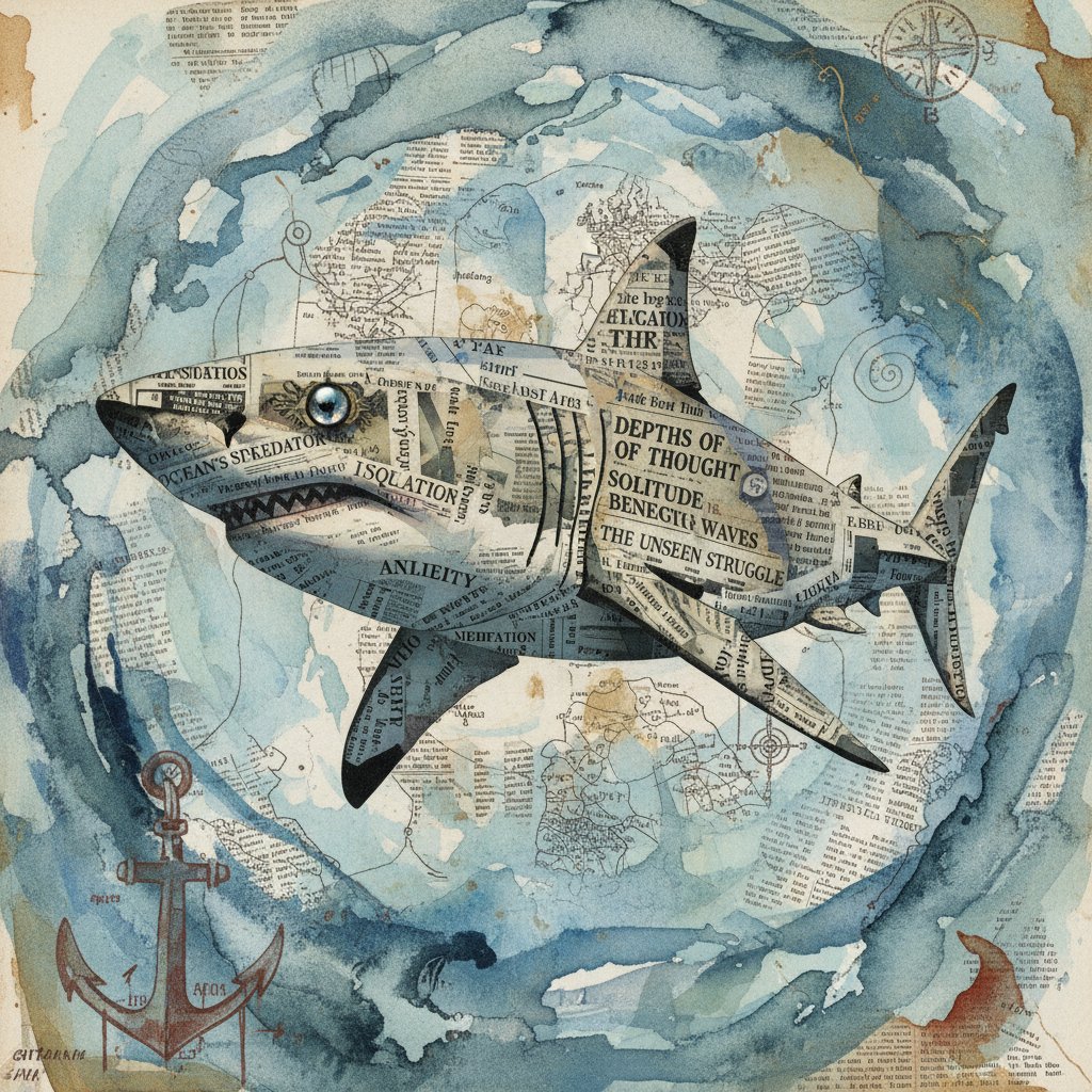 Surreal, symbolic photo of a shark made of torn newspaper headlines, introspective mood, collage, moody depth of field