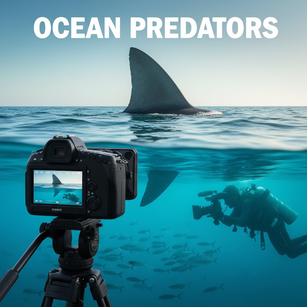 Symbolic image showing shark and film camera together, referencing shark movies and public fear