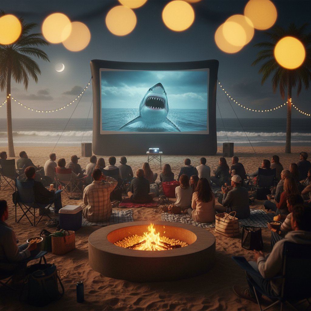 Group watching a shark movie projected outdoors at night, communal mood, vibrant dynamic still