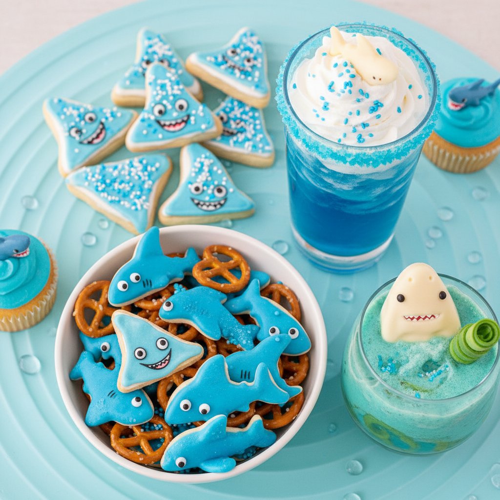 Overhead shot of themed shark snacks and drinks on a table, playful mood, crisp macro details