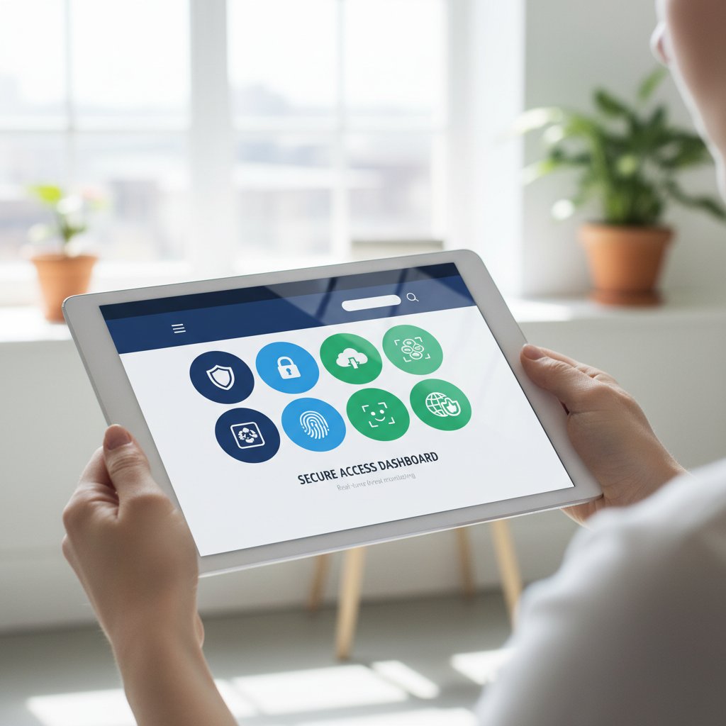Tablet mit moderner Webseite und Sicherheitssymbolen – Zeichen für Seriosität.