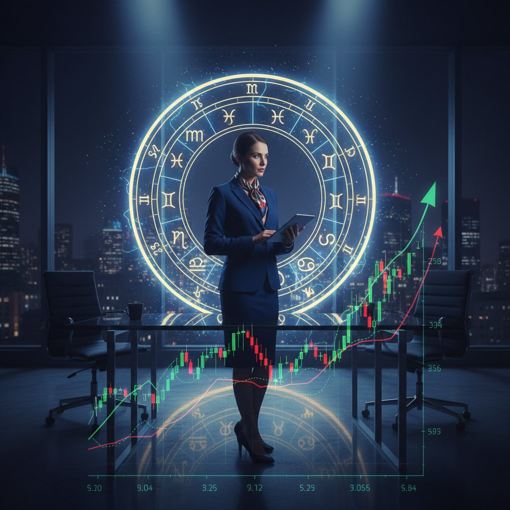 Biznesmen w garniturze analizuje świecące koło zodiakalne na tle wykresu giełdowego, symbolizując astrologiczne podejście do inwestowania