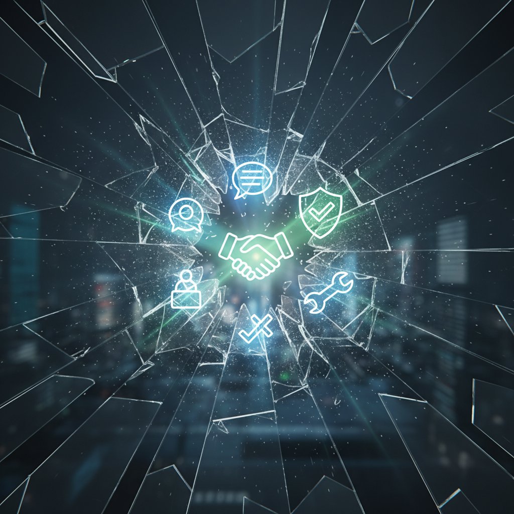 Shattered glass with emerging support icons, breakthrough system support revelation