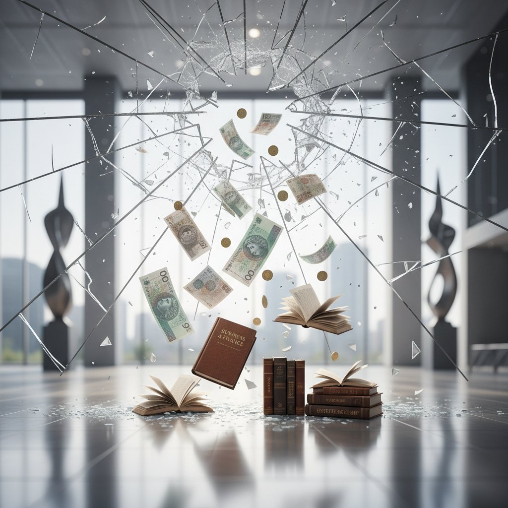 Szklany sufit pęka, spadają polskie banknoty i książki szkolne – symbol obalania mitów o korepetycjach online.