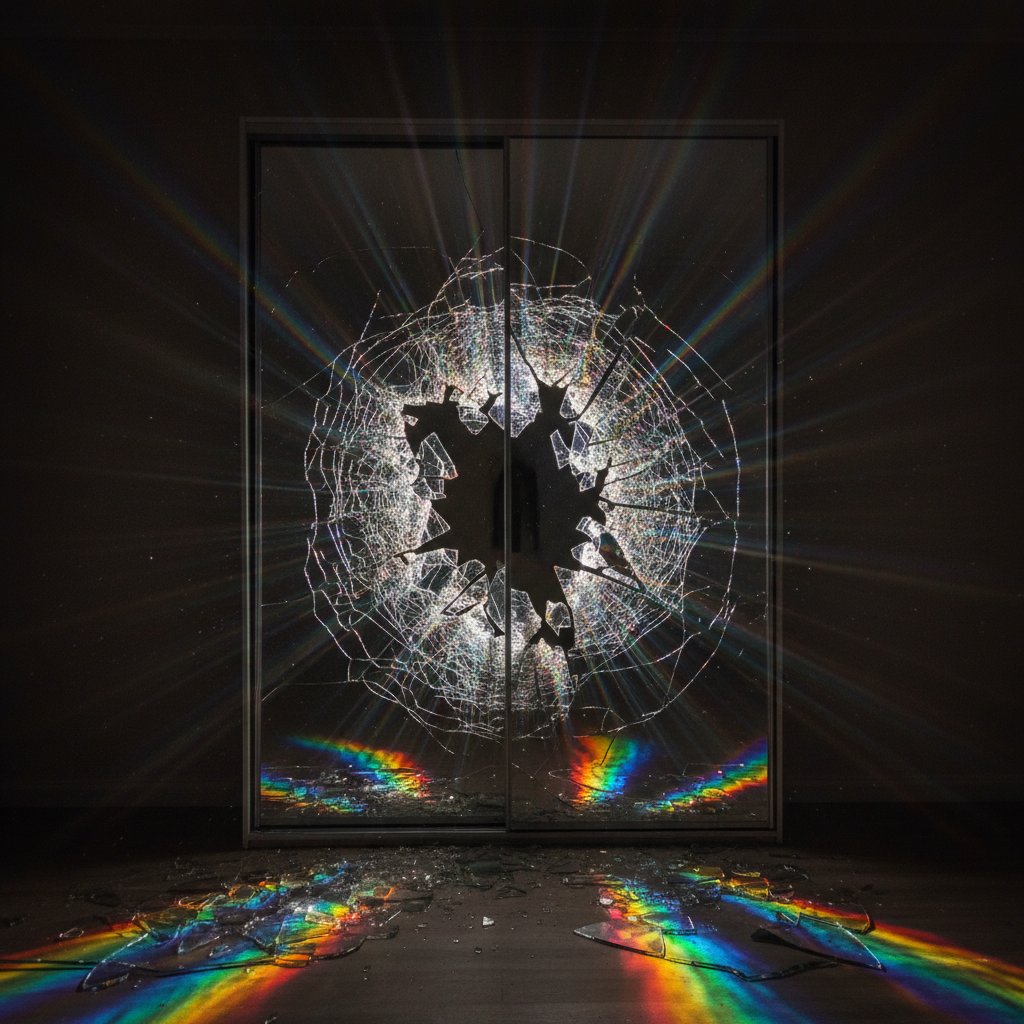 Rozbita szklana szafa z tęczowym światłem, symbolizująca przełamywanie tabu i ujawnianie prawdy o orientacji
