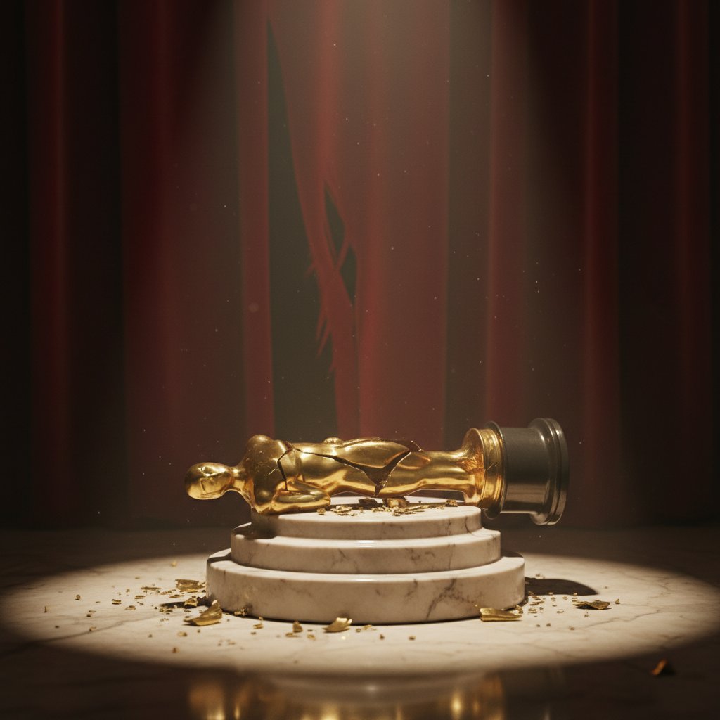 Symbolic depiction of a shattered Hollywood award; Alt: Broken Oscar statue in dramatic lighting representing public controversy