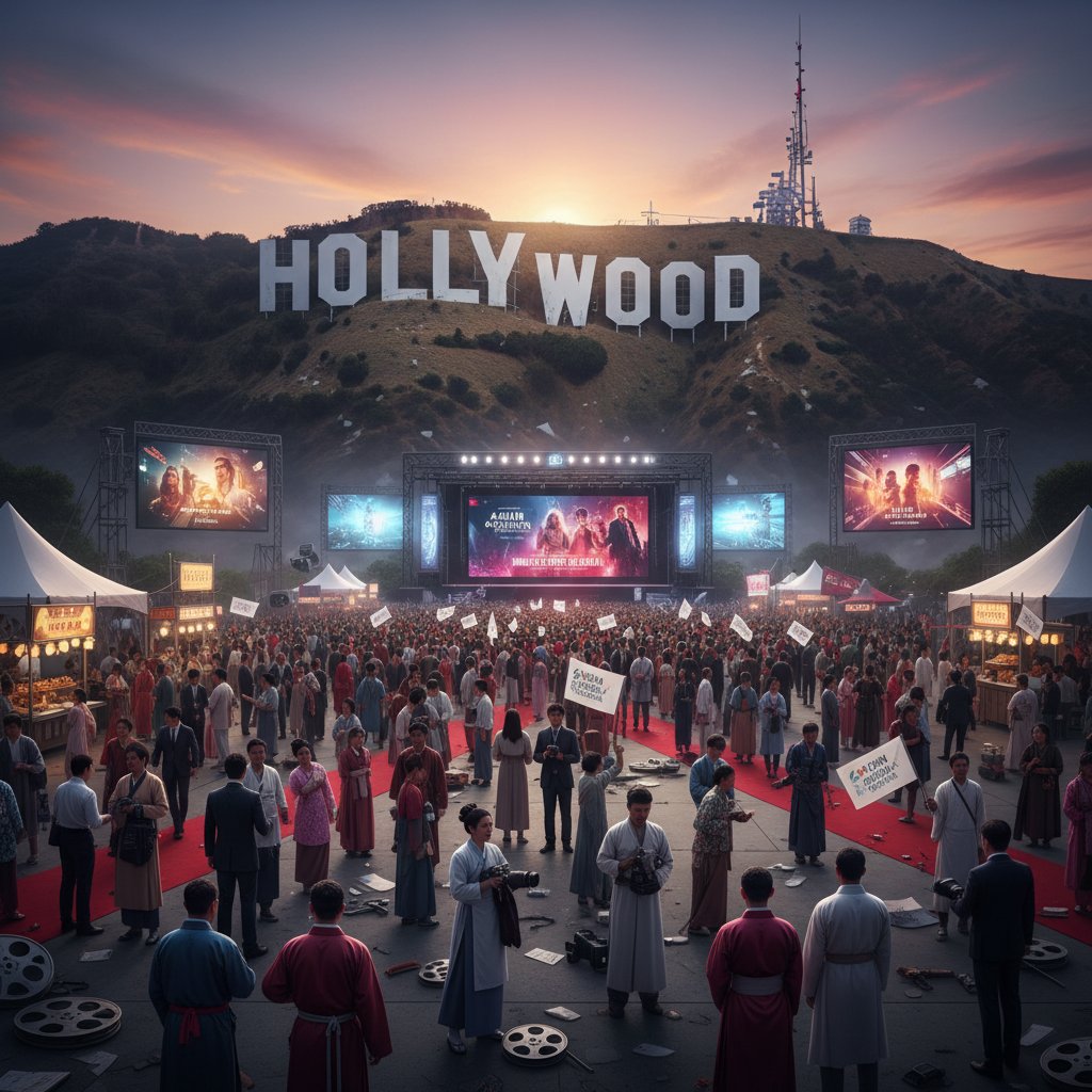 Edgy, symbolic image of a shattered Hollywood sign overlaying an Asian film festival scene