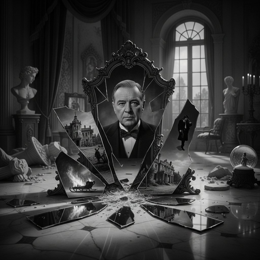 Shattered mirror reflecting fragments of classic Orson Welles films