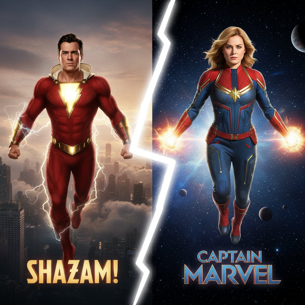Shazam and Captain Marvel side-by-side in film, cinematic split screen showing both superheroes in signature poses, vibrant costumes, dramatic lighting.
