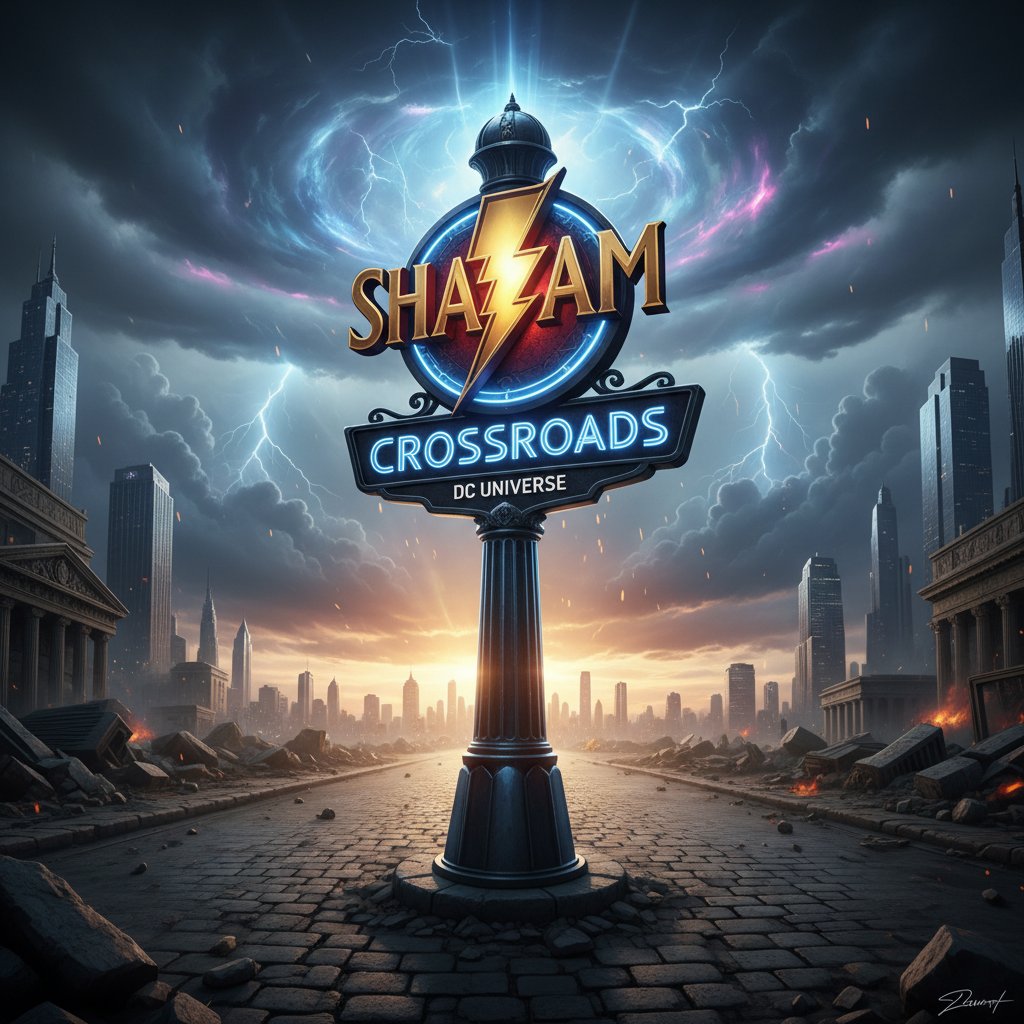 Shazam at a crossroads of DC universe, superhero in red suit standing at street sign with superhero logos, dramatic sky, cinematic mood.
