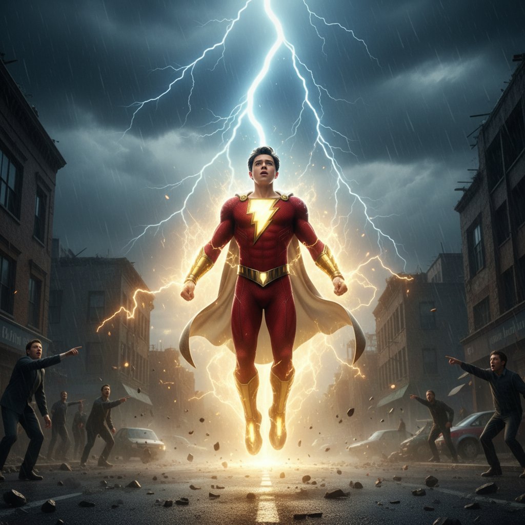 Shazam’s electrifying first transformation, lightning striking superhero boy, dramatic and powerful scene, fantasy action, cinematic magic.