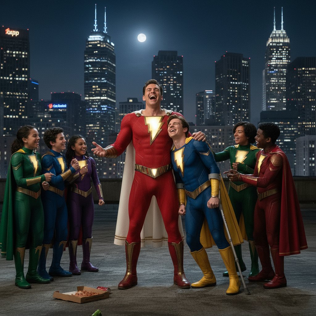 Shazam and Freddy sharing a joke on a city rooftop, night skyline, joyful laughter, superhero costumes, city lights in background, vibrant youthful energy.