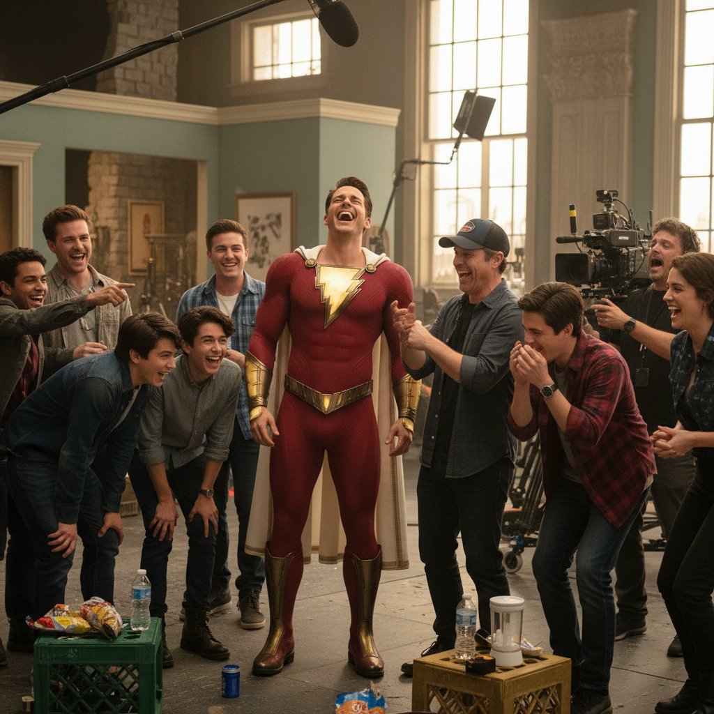 Shazam movie cast and crew laughing between takes, candid behind-the-scenes moment, group of actors and filmmakers enjoying a break on set, camaraderie.