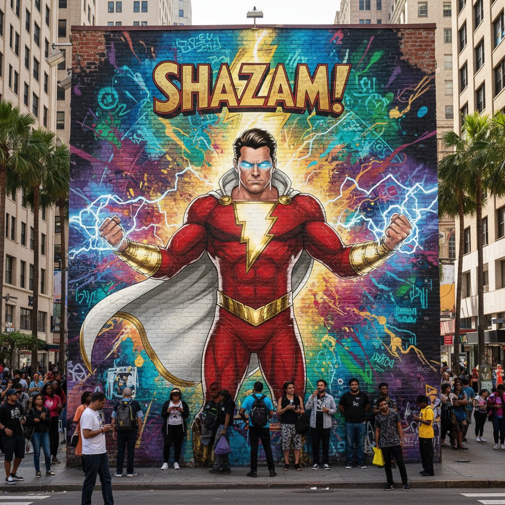 Colorful Shazam street art on city wall, superhero in dynamic pose, urban mural, pop culture tribute.