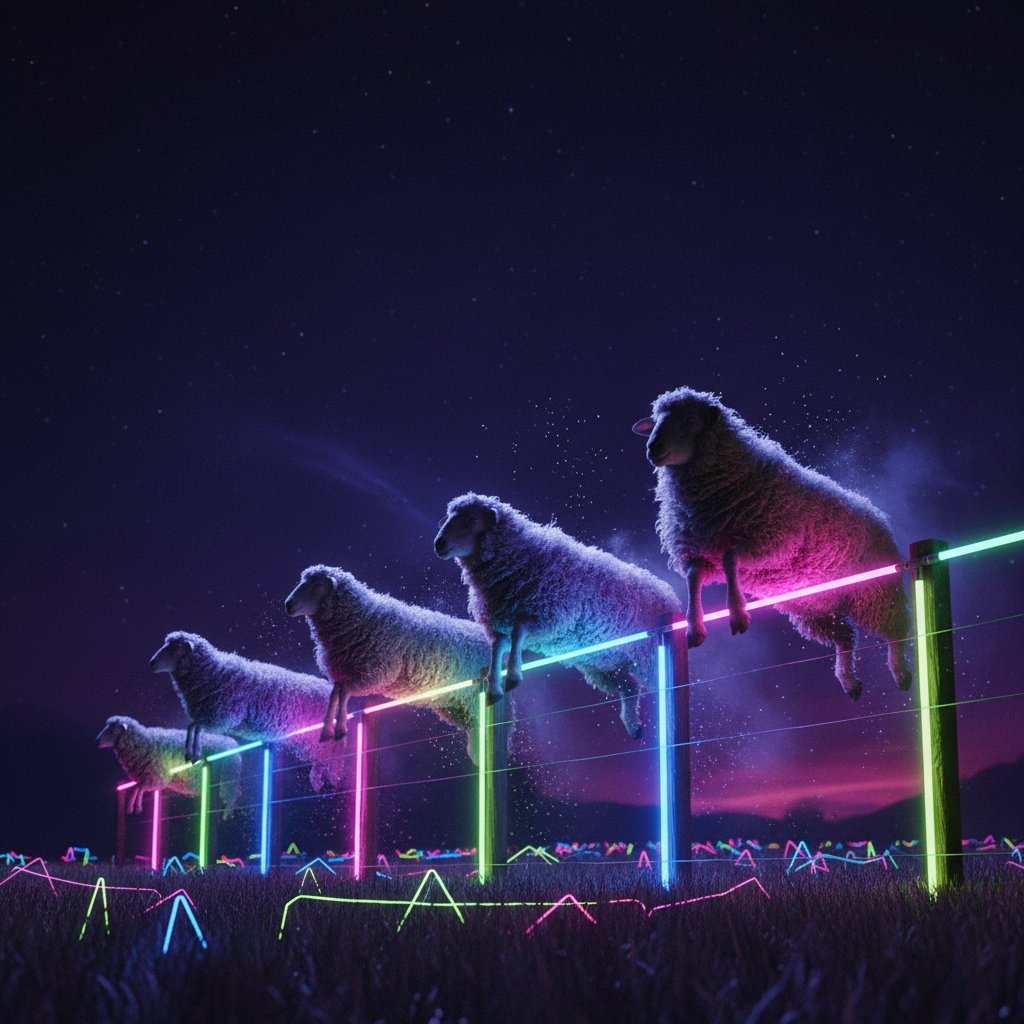 Surrealistyczne owce skaczące przez płotki na tle neonowego miasta, metafora mitów o bezsenności