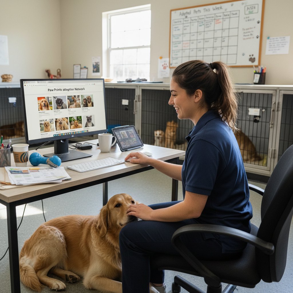 Pracownik schroniska z psem i komputerem, adopcja zwierząt a technologia, symulator opieki nad zwierzętami domowymi