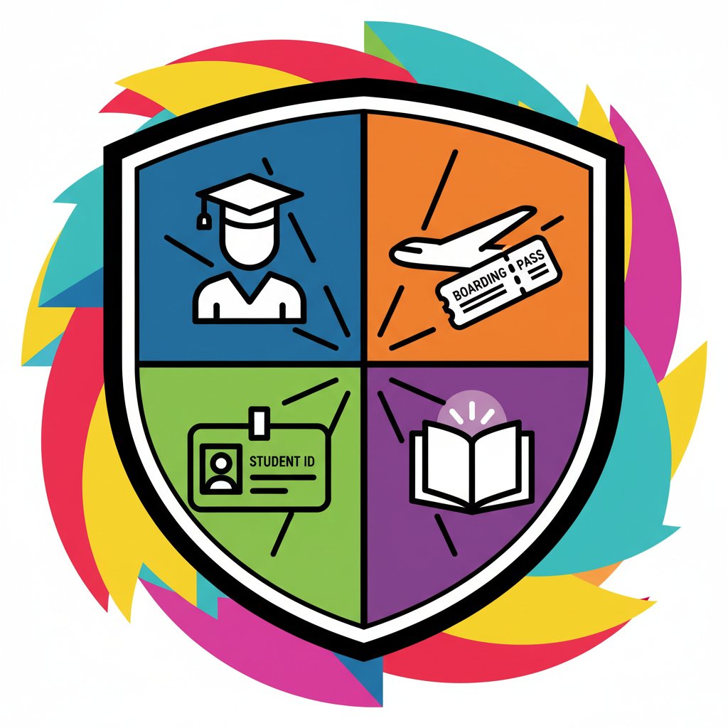 Shield icon with student ID and boarding pass protecting student travel documents for cheap student flights