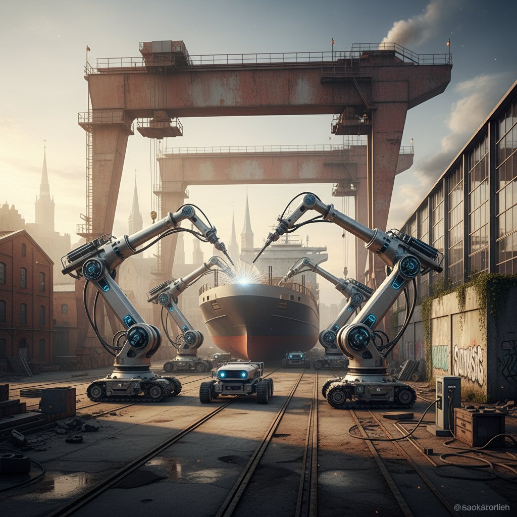 Historyczne zdjęcie stoczni gdańskiej z robotami przemysłowymi w tle