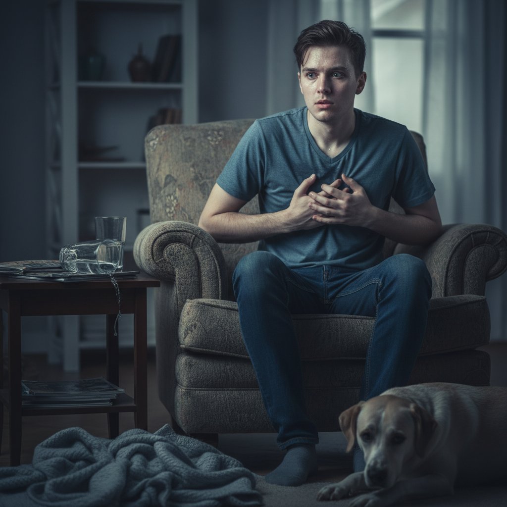 Osoba z widocznymi objawami szoku – bladość, pot, trzymanie się za brzuch w domowym otoczeniu